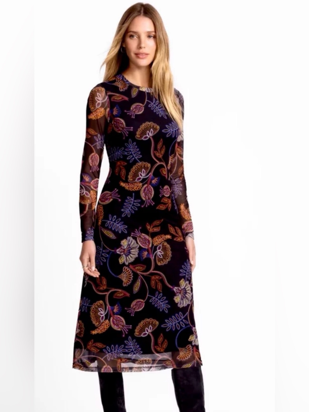 Johnny Was Shelly Floral-Print Mesh Midi Dress Sz XS